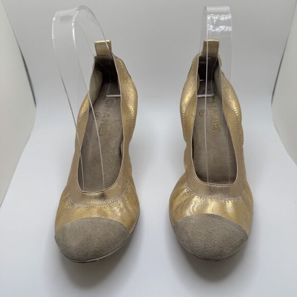 Chanel Scrunch Pumps Suede Cap Toe Leather Rubber Sole Slip-On Gold/Grey 41.5 - Picture 9 of 16